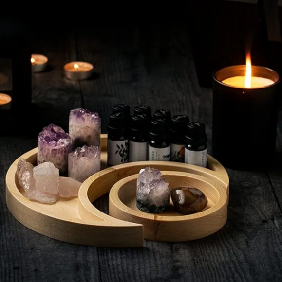 Crescent Moon Sun Lunar Eclipse Jewelry Tray Set Wood Trays Crystal Display Dish - Picture 4 of 13